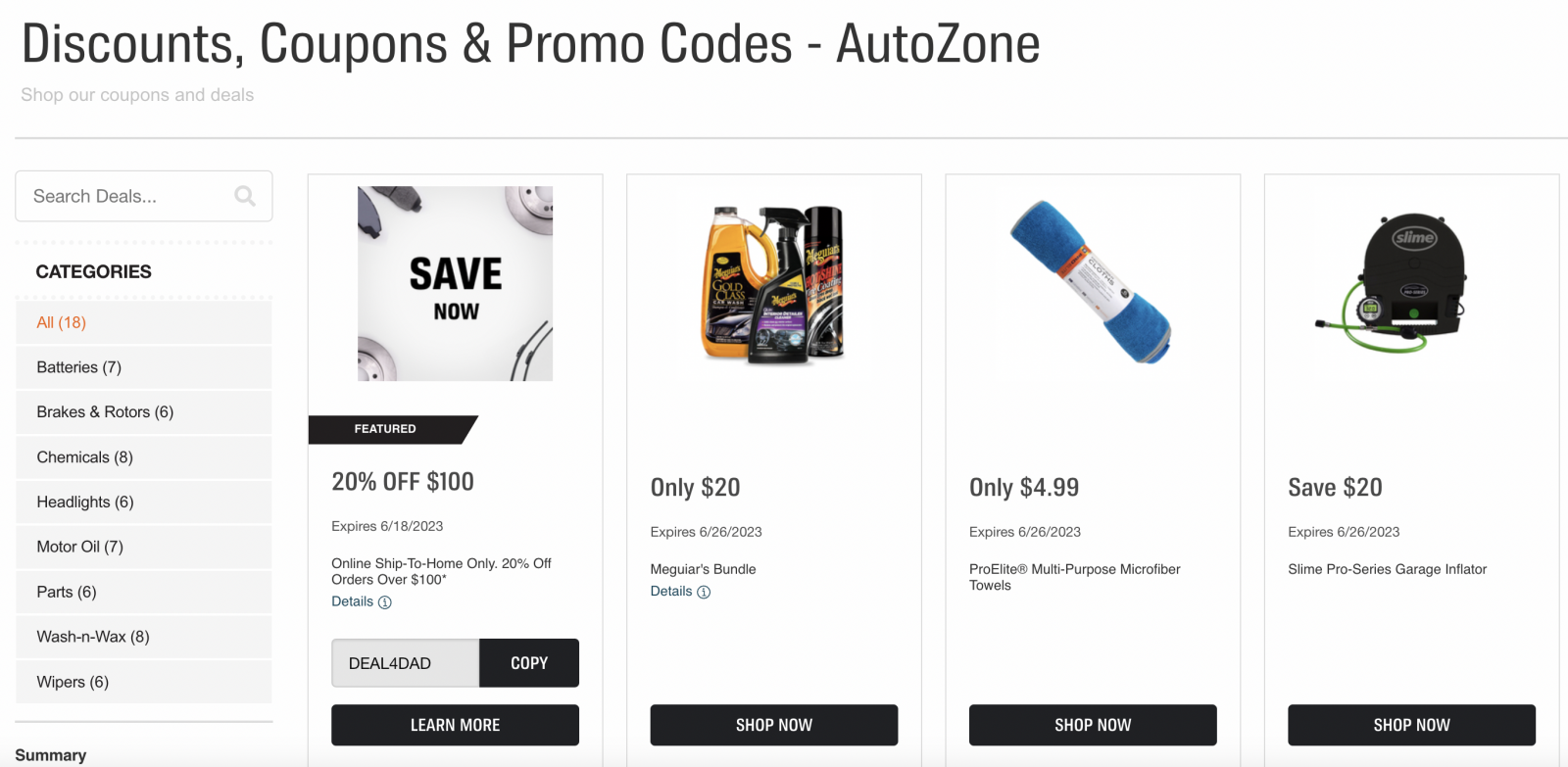 screenshot of the AutoZone Deals, discounts, and promos page