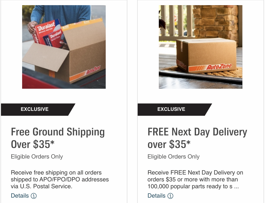 Screenshot of the free shipping coupons on AutoZone coupons page 
