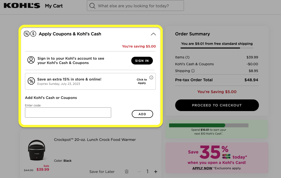 where to enter the kohl's promo code at checkout