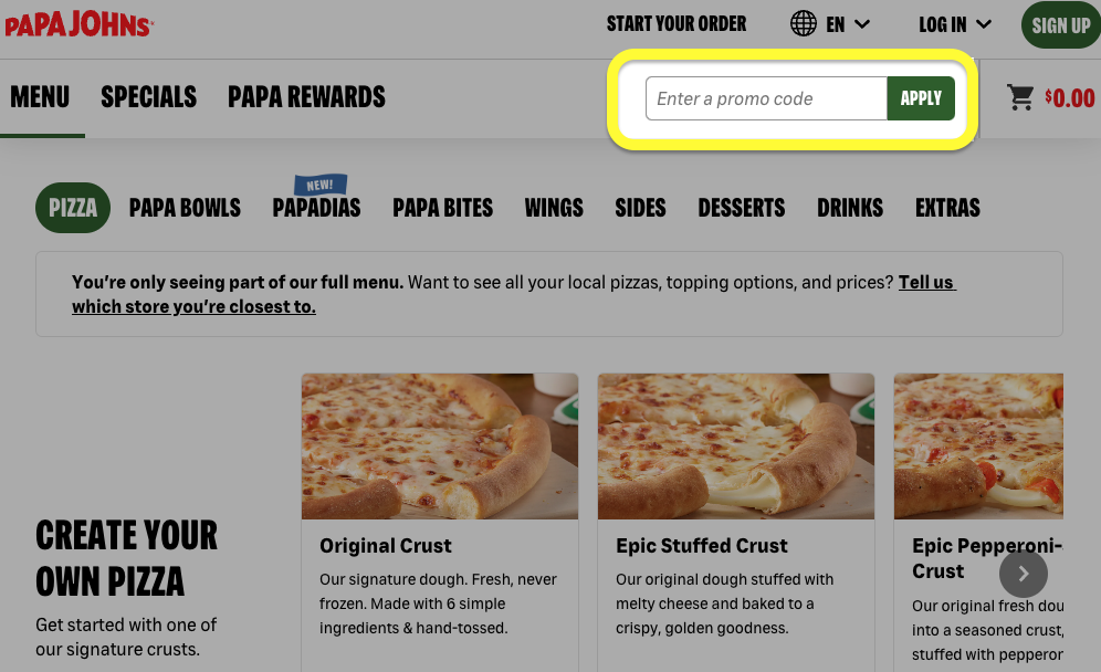 How to apply the papa johns promo code at check out